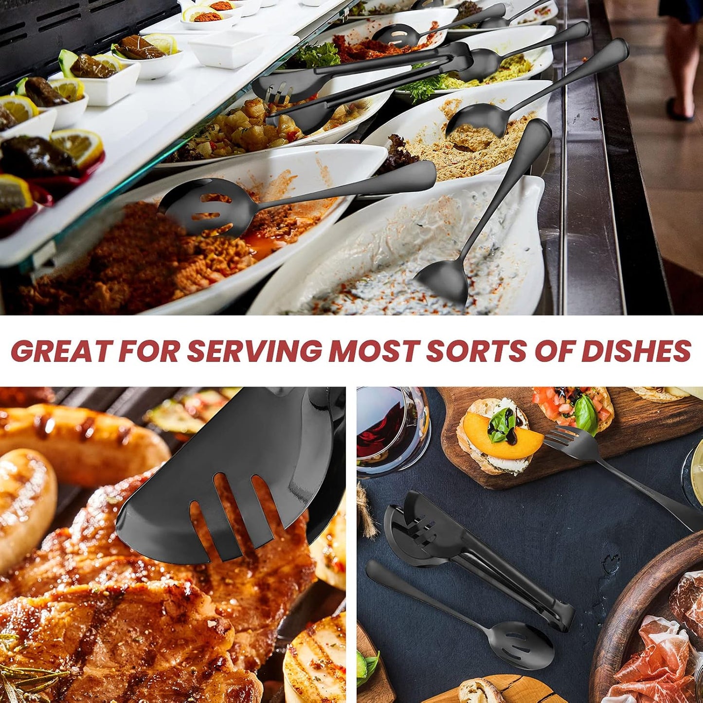 Patelai 8 Pieces Christmas Stainless Steel Black Serving Utensils Set 8.7" Large Spoons and Slotted Spoon 9.45" Tong 9" Forks Flatware Wedding Party Buffet Banquet Cooking Kitchen Catering