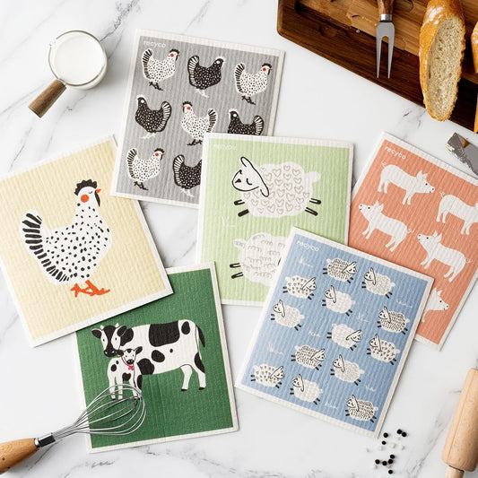 RECYCO Swedish Dishcloths for Kitchen | 6 Pack Farmhouse Friends Washable Dish Rags | Cellulose Reusable Cleaning Paper Towels | Absorbent Counter Dish Cloth Sponge Kitchen Wipes, 8" L x 7" W