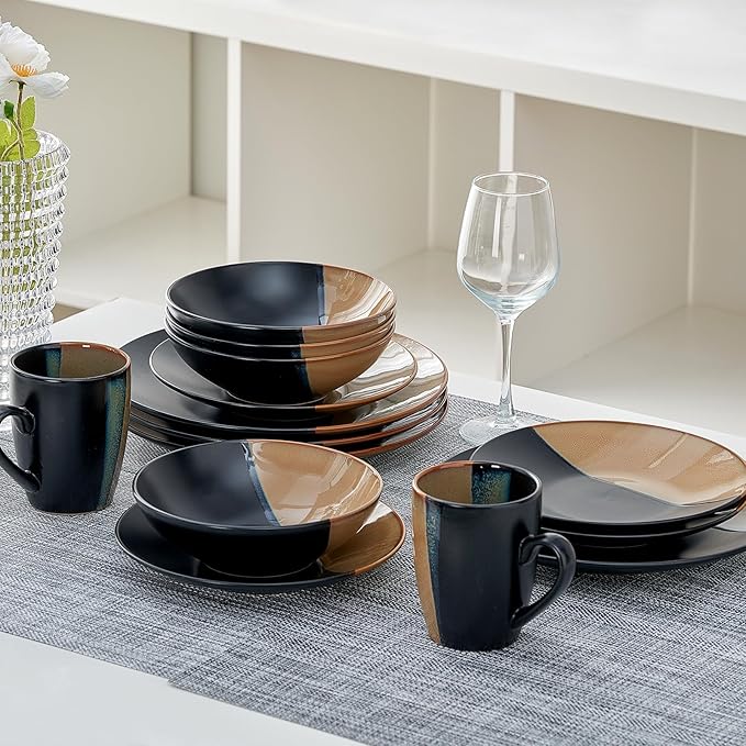 Beston Stoneware Dinnerware Sets Service for 4, 16 pcs Reactive Glaze Plates and Bowls Sets, Handmade Ceramic Dish Set, Highly Chip and Crack Resistant Modern Plate Set, Brown and Black