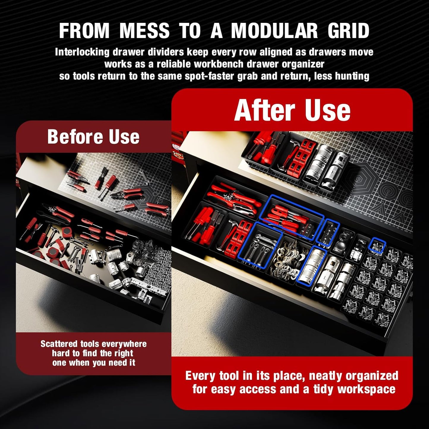 【48PCS & 5 Sizes】 Tool Box Organizer Tray, Toolbox Drawer Organizer with Non-Slip Pads, Desk Drawer Divider Set, Fits Rolling Tool Chest Cabinet for Garage & Workbench