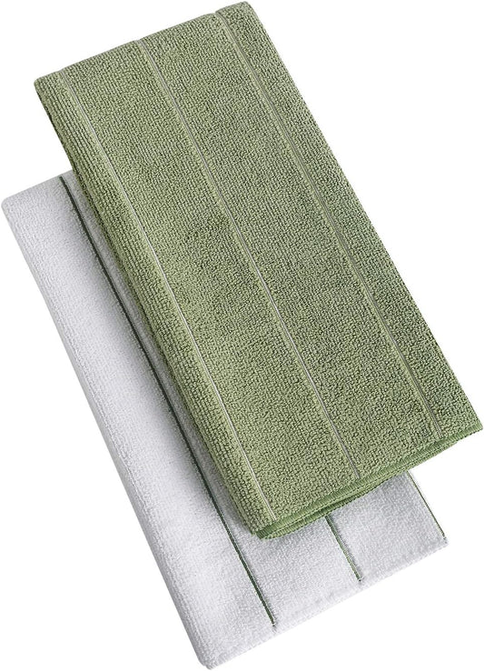 Microfiber Kitchen Towels - Super Absorbent, Soft and Solid Color Dish Towels, 8 Pack (Stripe Designed Dark Green and White Colors), 26 x 18 Inch