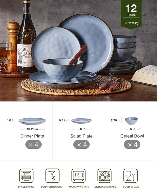 Famiware Dinnerware Sets for 4, Ocean Round 12-Piece Kitchen Plates and Bowls Sets, Reactive Glaze, Microwave and Dishwasher Safe, Scratch Resistant, Blue