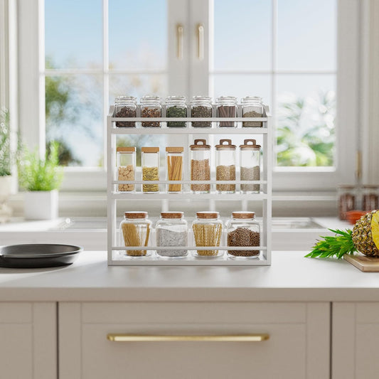 Spice Rack Wall Mounted, Freestanding Spice Organizer for Countertop, Bamboo Spice Storage Holder, for Kitchen Cupboard, Pantry, Bathroom (White)