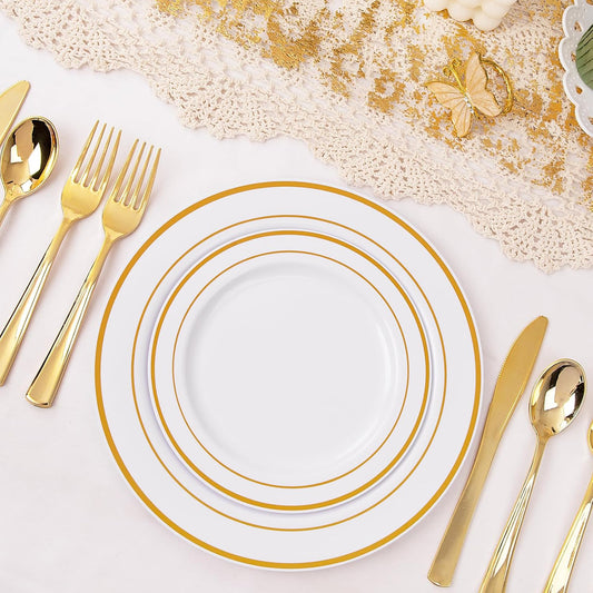 I00000 300 Pcs Gold Plastic Plates with Silverware, White and Gold Plastic Dinnerware Set for Party include: 60Dinner Plate 10.25", 60Dessert Plate 7.5", 60 Silverware Sets for christmas