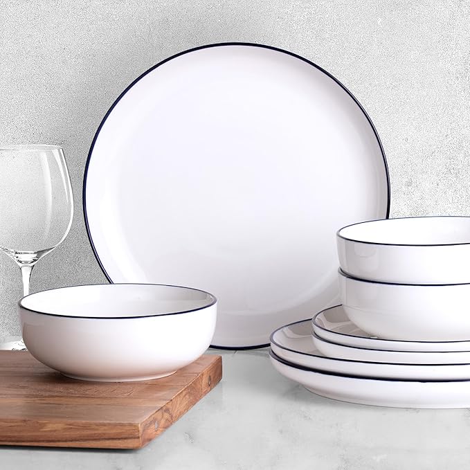 Zulay Kitchen Nova Porcelain Dinnerware Set, Service For 6 - Chip & Scratch Resistant White Plates And Bowls Sets - Microwave & Dishwasher Safe - White With Blue Rim