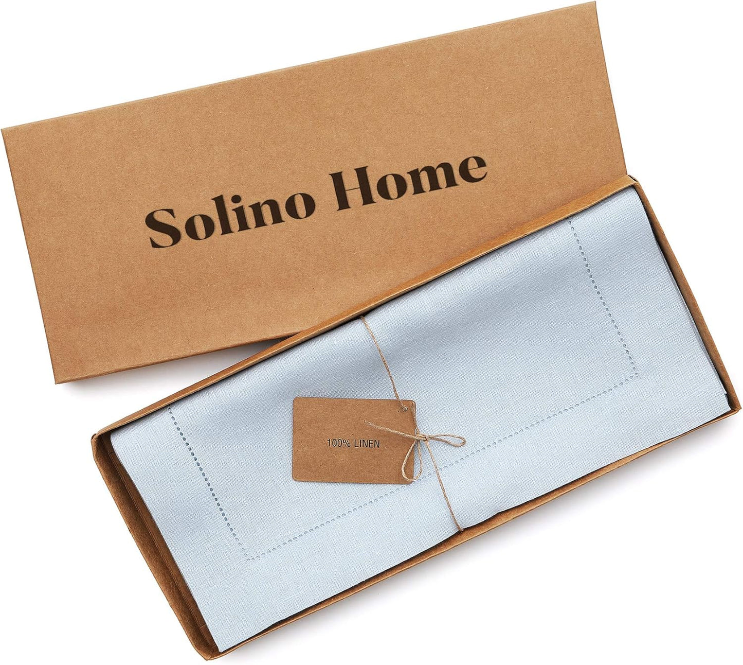 Solino Home Linen Light Blue Table Runner 60 Inches - Classic Hemstitch, 100% Pure Linen Coffee Table Runner 14 x 60 Inch Ideal for Dresser Tables