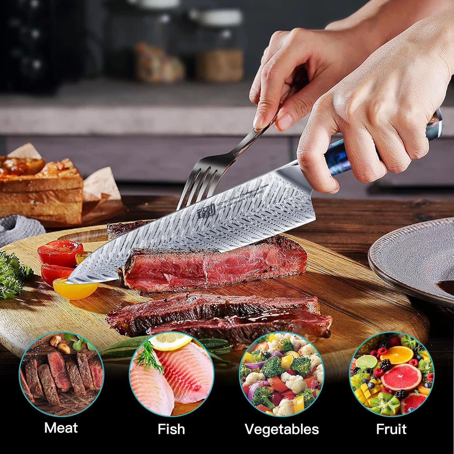 FINDKING Nebula Series Chef Knife with ABS Sheath, Multipurpose Japanese Gyuto Knife, 10Cr15CoMov Damascus Steel Blade, Resin and Figured Sycamore wood Handle, Full Tang, 8 Inch, Blue, for Meat