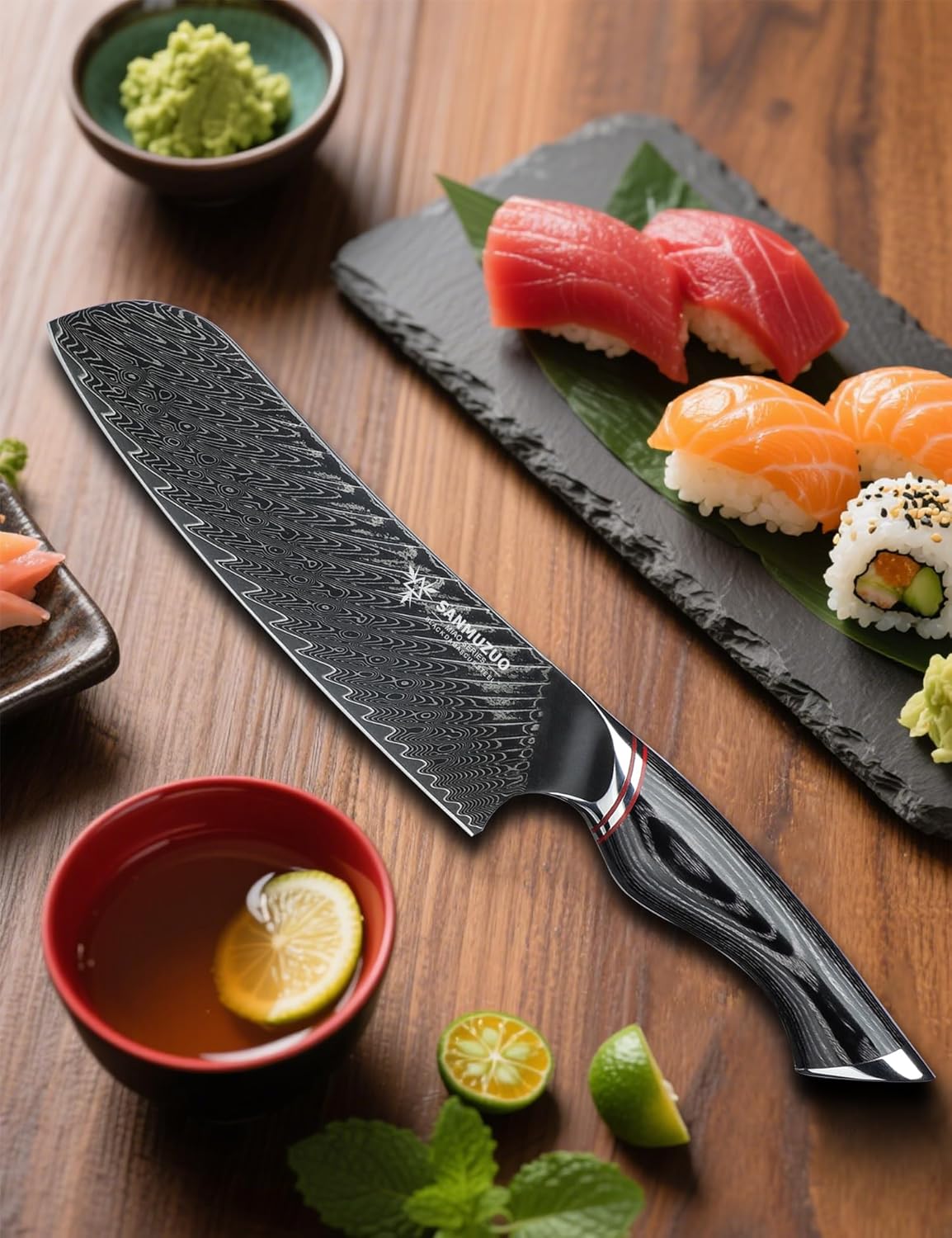Japanese 7" Santoku Knife - Kitchen Chef Knife - Black Damascus Steel with Ergonomic Handle - MIAO Series