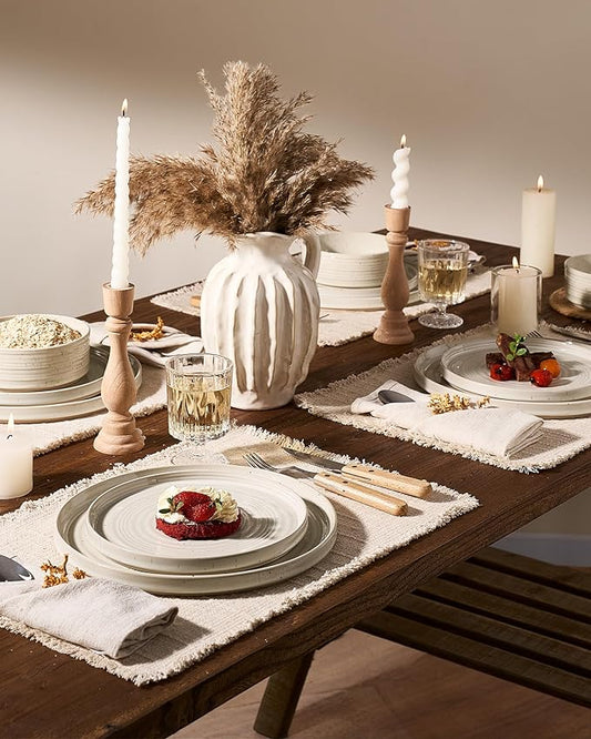 Stoneware Dinnerware Sets, Dish Set for 4, 12 Pieces Spiral Dishware Set with Straight Rim, Speckles & Reactive Glaze - Microwave and Dishwasher Safe Tableware, Shell Beige