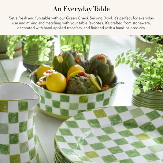 MACKENZIE-CHILDS Stoneware Serving Bowl, Large Decorative Bowl, 14-Cup Capacity, Green Check