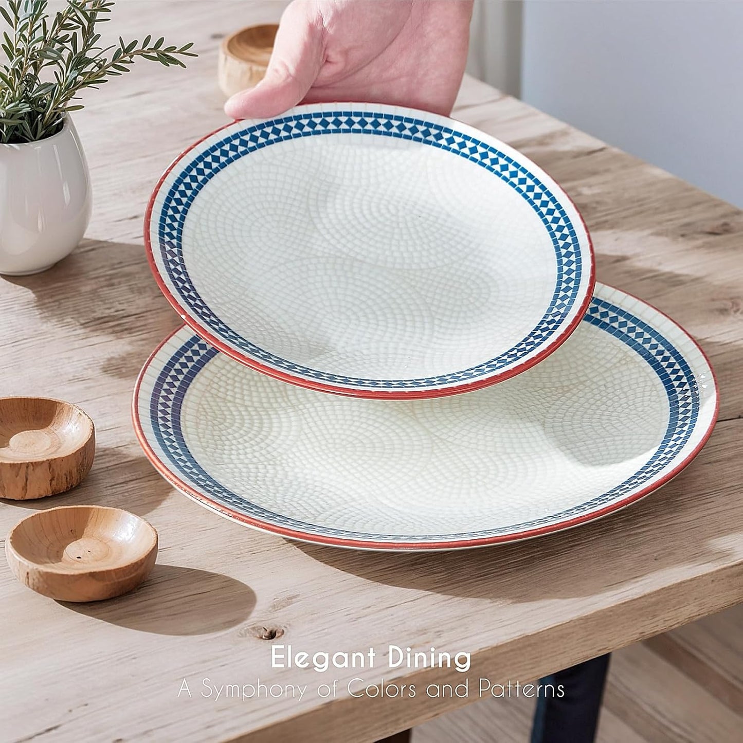 12-Piece Stoneware Dinnerware Set for 4, Geometric Vintage Plates & Bowls, Scratch-resistant Dishwasher & Microwave Safe Dishware, Modern Tableware Service for Everyday Use or Entertaining