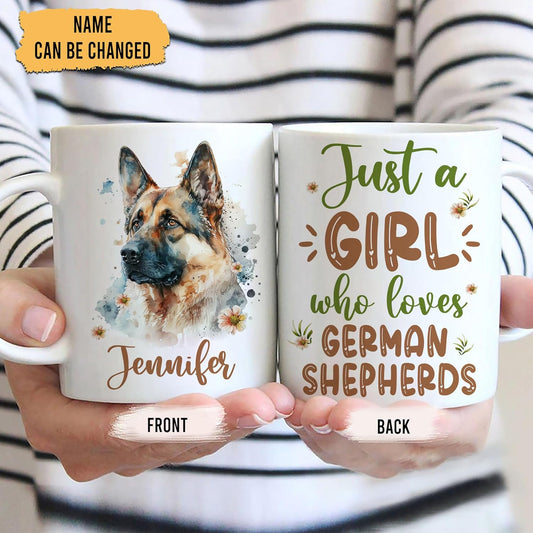 Hyturtle Personalized Gifts German Shepherd Lover - Just A Girl Who Loves German Shepherds Custom Name Ceramic Coffee Mug Cup 11oz - Idea Cute Dog Lover Gifts For Women, Girl On Birthday, Christmas