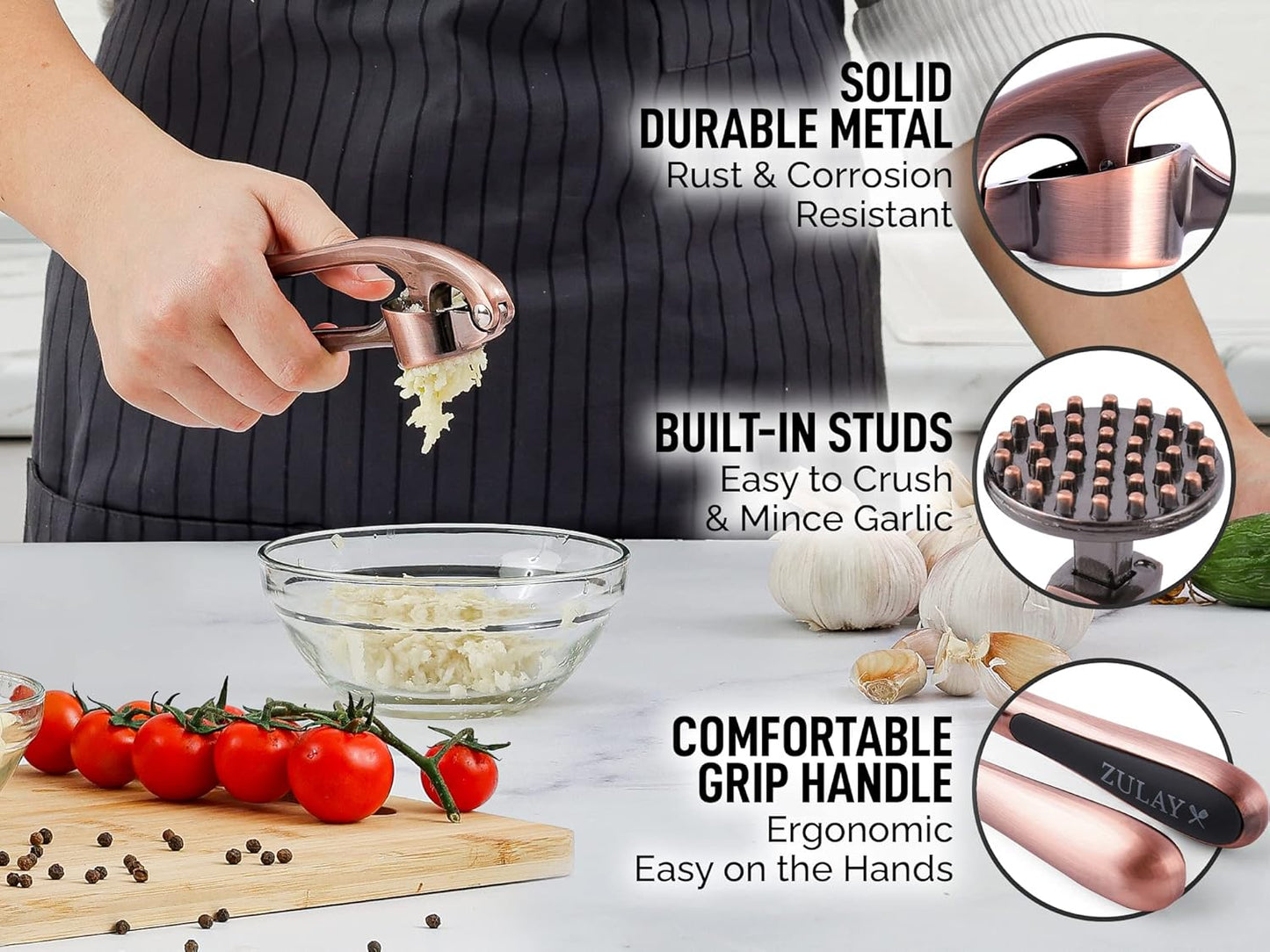 Zulay Kitchen Premium Garlic Press - Durable Garlic Masher with Soft, Easy to Squeeze Handle - Garlic Mincer Tool - Sturdy Easy to Clean Garlic Crusher (Copper)