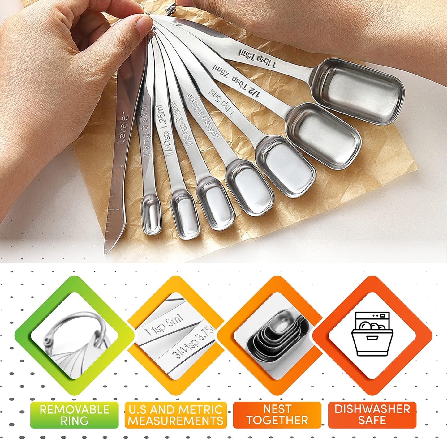 Spring Chef Stainless Steel Measuring Spoons Set of 8 with Leveler, Metal Teaspoon & Tablespoon Measuring Spoons for Dry & Liquid Ingredients, Fits in Spice Jars - Kitchen Gadgets For Baking & Cooking