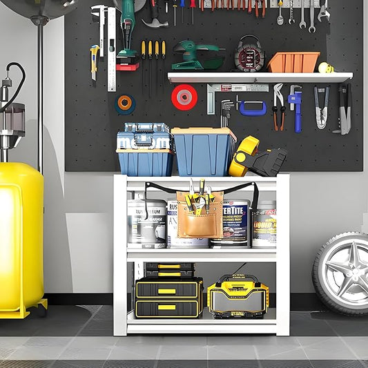 3-Tier Garage Shelving, Easy to Assemble, Adjustable Heavy Duty Garage Storage Shelves Organizer for Basement, Kitchen, Warehouse, White
