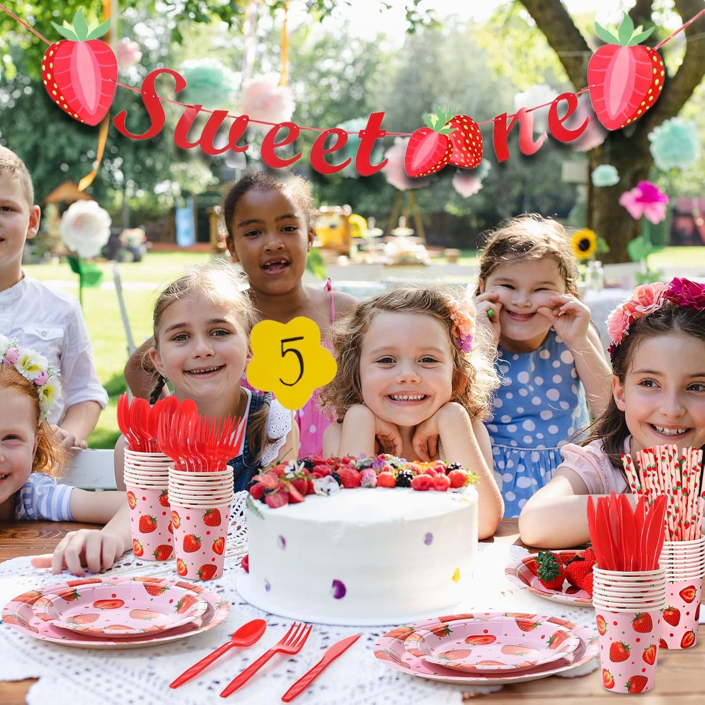 Sawysine 202 Pcs Strawberry Party Supplies Disposable Dinnerware Set 50 Plates 25 Cups 25 Napkins 25 Plastic Forks 25 Knives 25 Spoons 25 Straw Flag Tablecloth to Serve 25 Guests