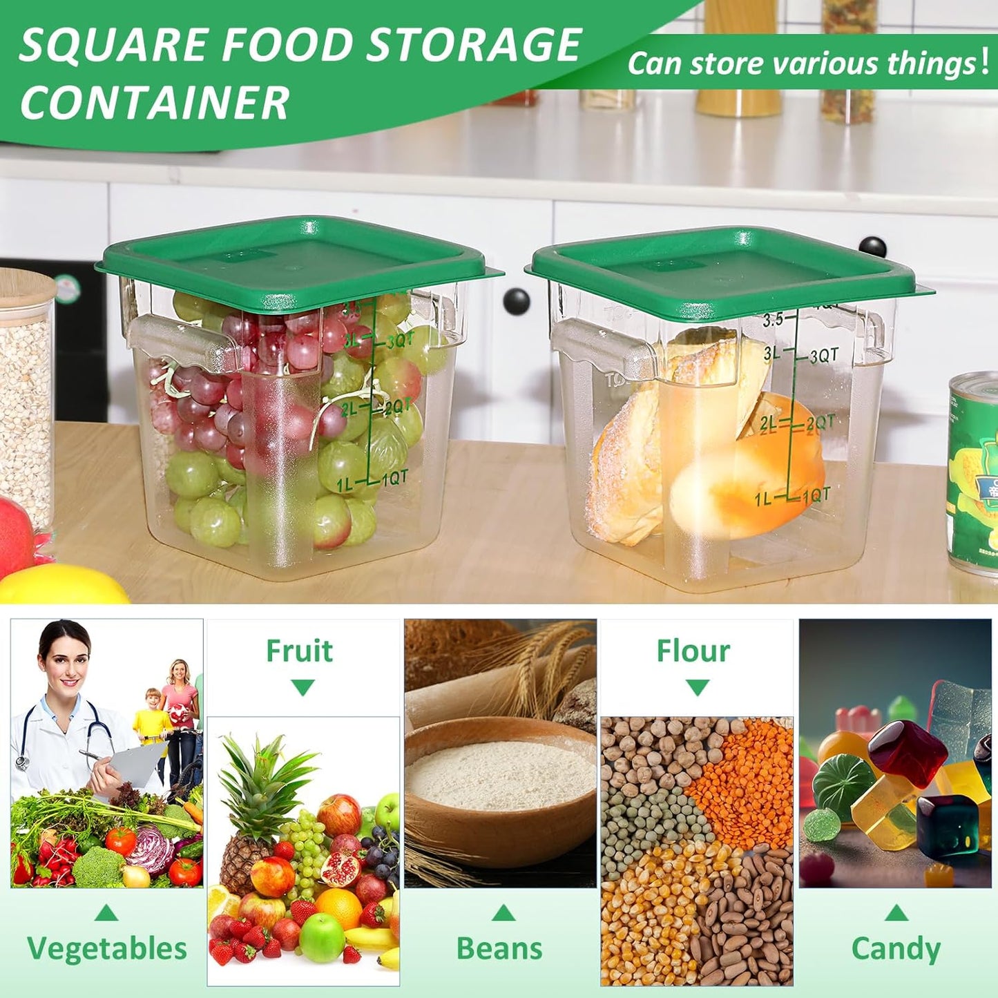 Yungyan 12 Pcs 4 Qt Commercial Food Storage Containers with Lids Restaurant Square Airtight Food Storage Containers Clear Cereal Containers for Kitchen Freezer Dishwasher Pantry(Green Lid)