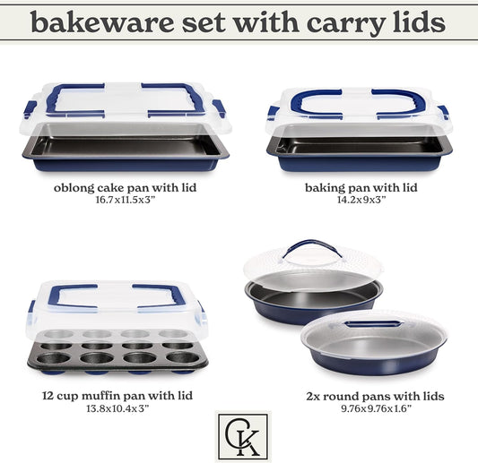 Country Kitchen Baking Pans Set - 10 Piece Non-Stick Cake Pans with Carry Lids for Easy Storage & Travel, Perfect for Parties - Stackable, Navy