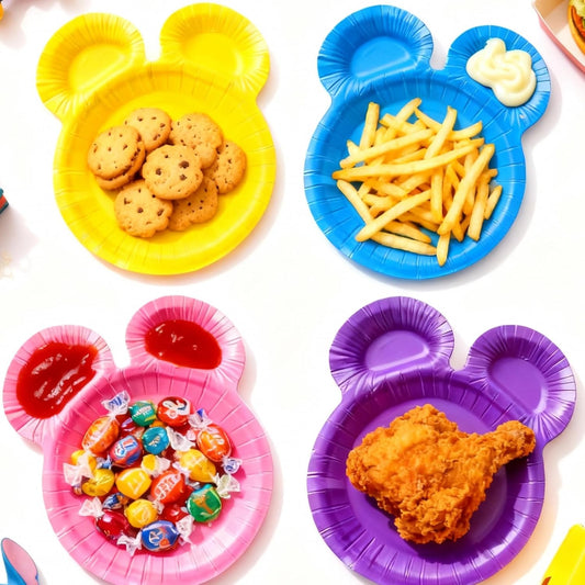 30CT Cute Mouse Head Party Plates for Kids, Cartoon Mouse Paper Plates with Two Dipping Compartments, Multi-Color No Spill 9in Disposable for Birthday, Baby Shower, Celebrations and Daily