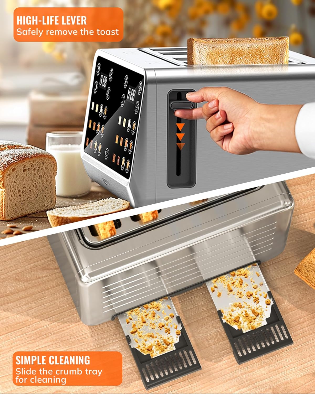 Keenstone Toaster 4 Slice, Digital Smart Toaster with TouchScreen, Dual Control Panel, Single Slot Toasting, Timer, Reheat & Defrost for Bagels, Bread, Waffles, Stainless Steel Kitchen Essentials