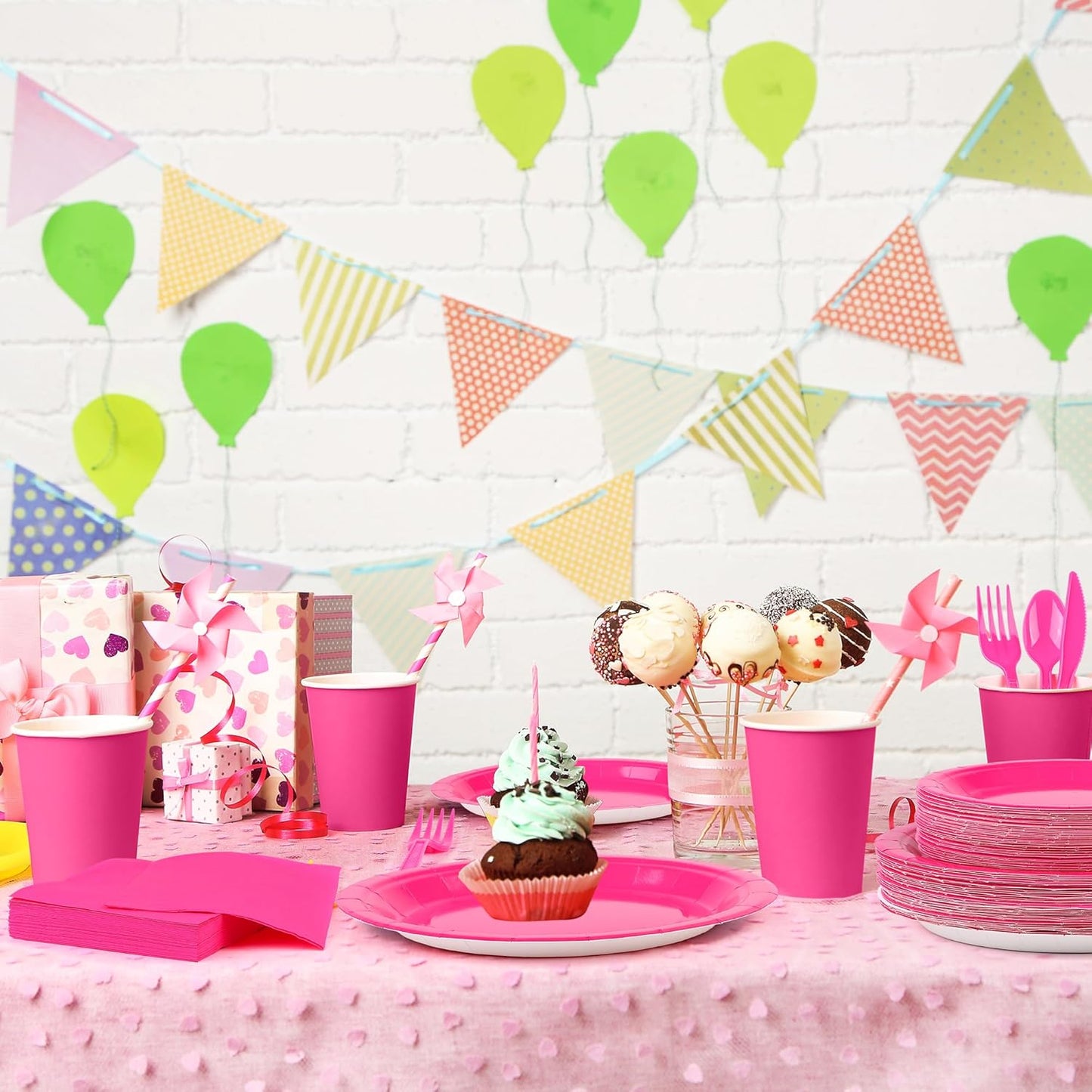 durony 350 Pieces Hot Pink Paper Dinnerware Set 7 Inch 9 Inch Disposable Dinner Plates Serve 50 Guests Paper Cup Cutlery Napkins Solid Color Party Supplies for Birthday Wedding Party Family Picnic