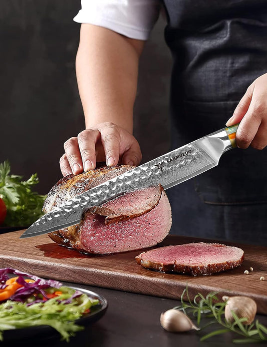8 Inch Carving Knife, Meat Slicing Knife - Hammered Damascus Steel & Resin Handle - Yao Series