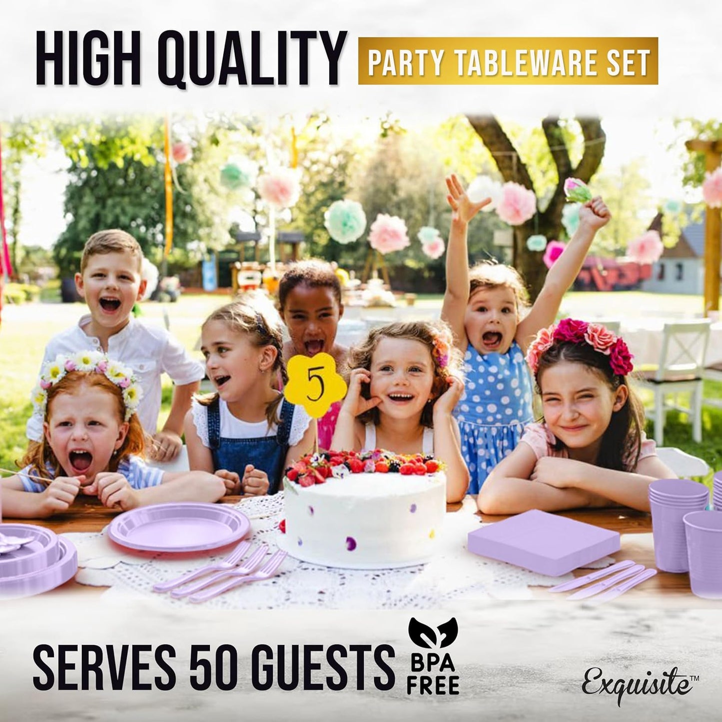 Party Solids 350 Pieces Lavender Plastic Plates For Party, Lavender Disposable Plates Set, 50 Of Each 9" Dinner Plate Set, 7" Dessert Plate, Cups, Napkins & Cutlery Plastic Dinnerware