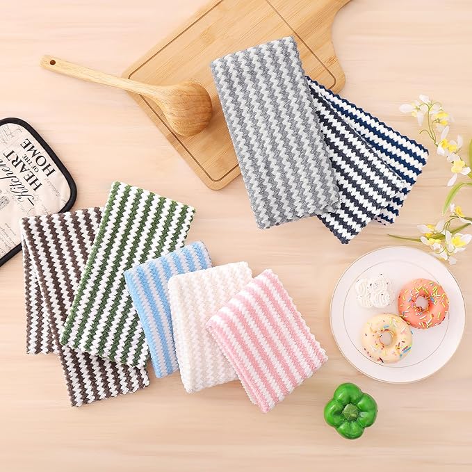 Homaxy Kitchen Towels(12 Pack, 10 x 20 inches), Ultra Soft and Absorbent Dish Towels, Reusable Fast Drying Microfiber Cleaning Cloth, Coral Velvet Wave Design No-lint, Pink