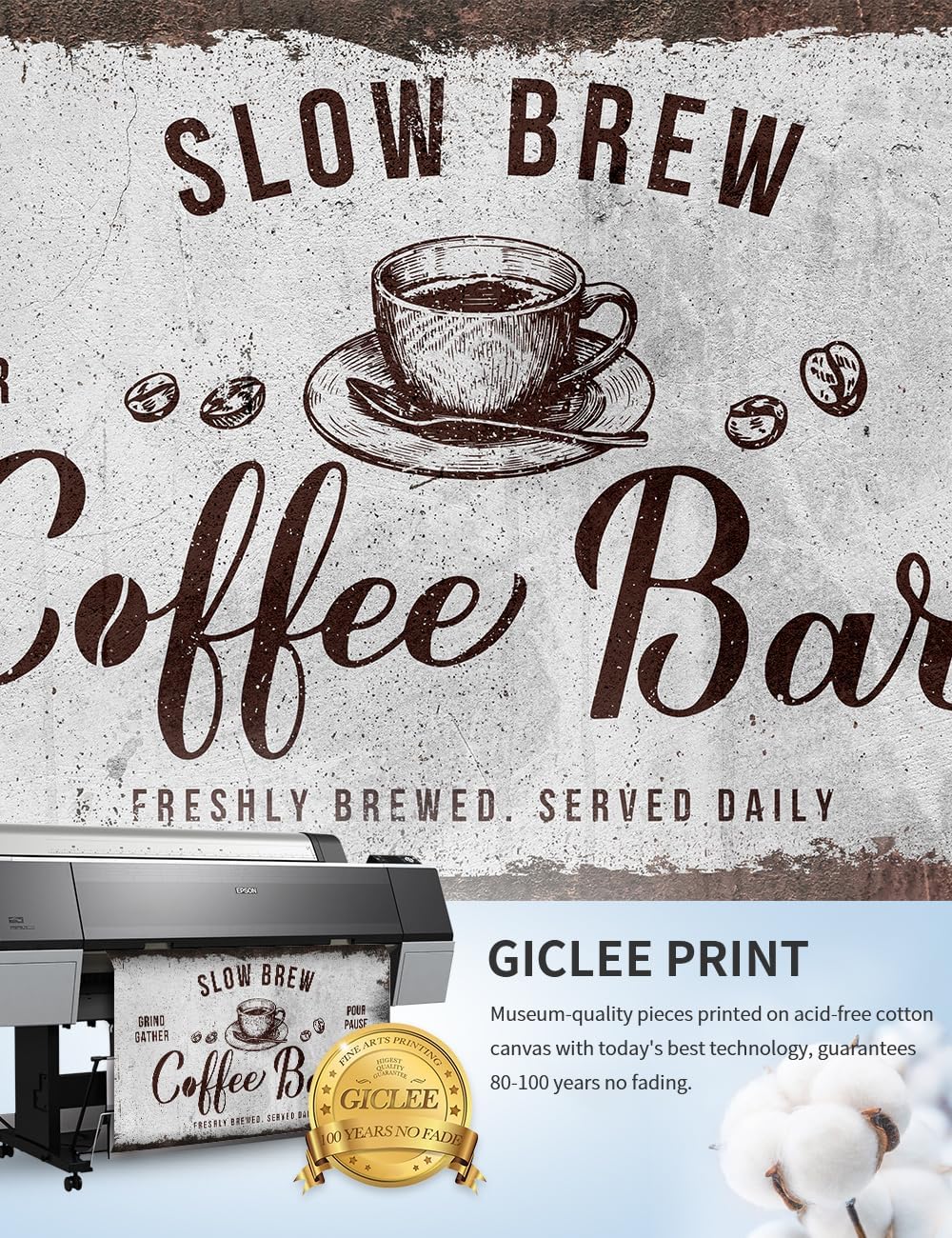 IPIC - Rustic Coffee Bar Sign Slow Brew, Canvas Print Wall Art for Home and Coffee Station, Rustic Industrial Style Wall Decor for Kitchen and Cafe