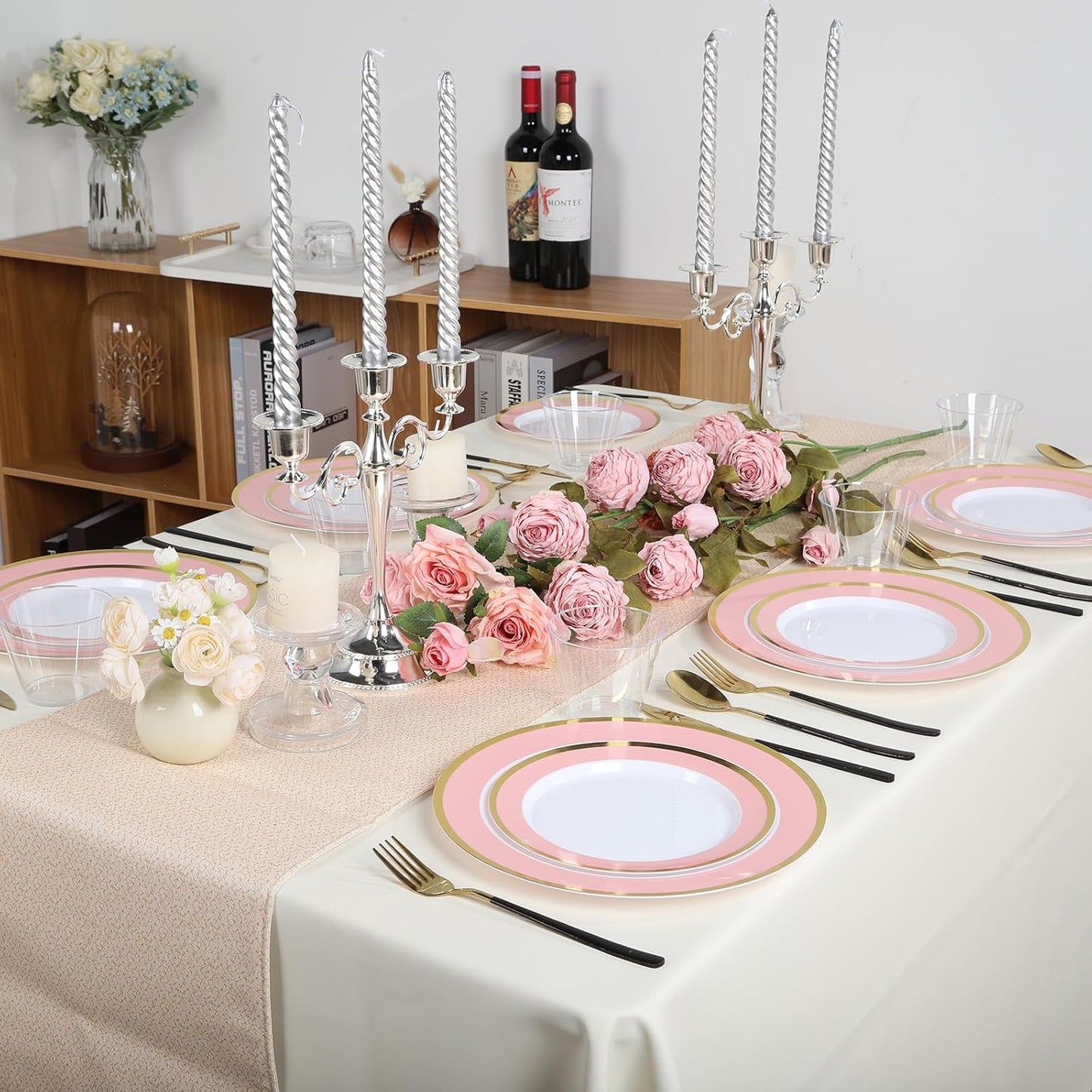 100PCS Pink Disposable Plastic Plates Include 50PCS 10.25inch Dinner Plate and 50PCS 7.5inch Dessert Plate Heavy Duty Plastic Dinnerware for Party Wedding Anniversary New Year