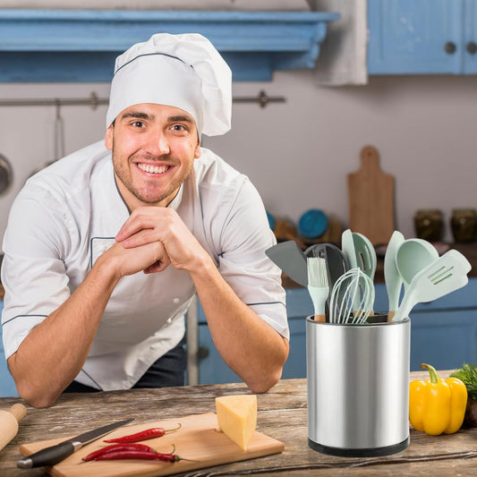 Kitchen Utensil Holder Extra Large 360°Rotating For Counter Organizer Stainless Steel Storage Cooking Silverware Caddy 3 Compartment Flatware Spoon Spatula Tool Cutlery Container(Silvery)