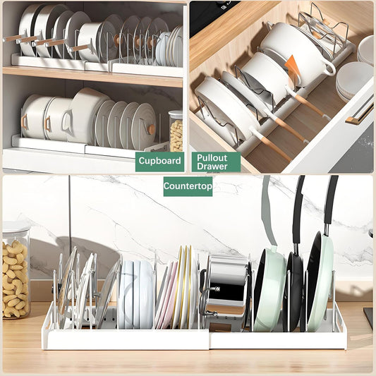 2 Pcs Pot and Pan Organizer, Expandable Pots and Pans Organizer Under Cabinet, Pot Lid Holder with 10 Adjustable Compartment for Bakeware, Cutting Boards, Lid, Dishes, Cookware (2 Pcs)