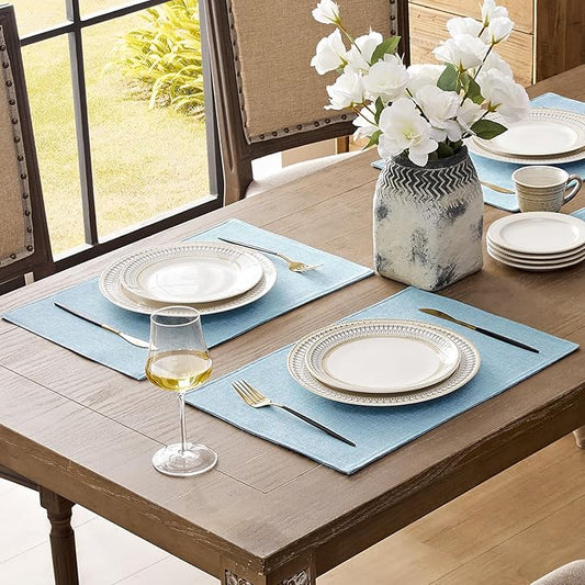 Romanstile Cloth Placemats Set of 8-12 x 18 Inch, Heat Resistant Double Layered Thickened Burlap Place Mats, Washable Faux Linen Farmhouse Table Mats for Kitchen/Dining/Party/Outdoor, Blue