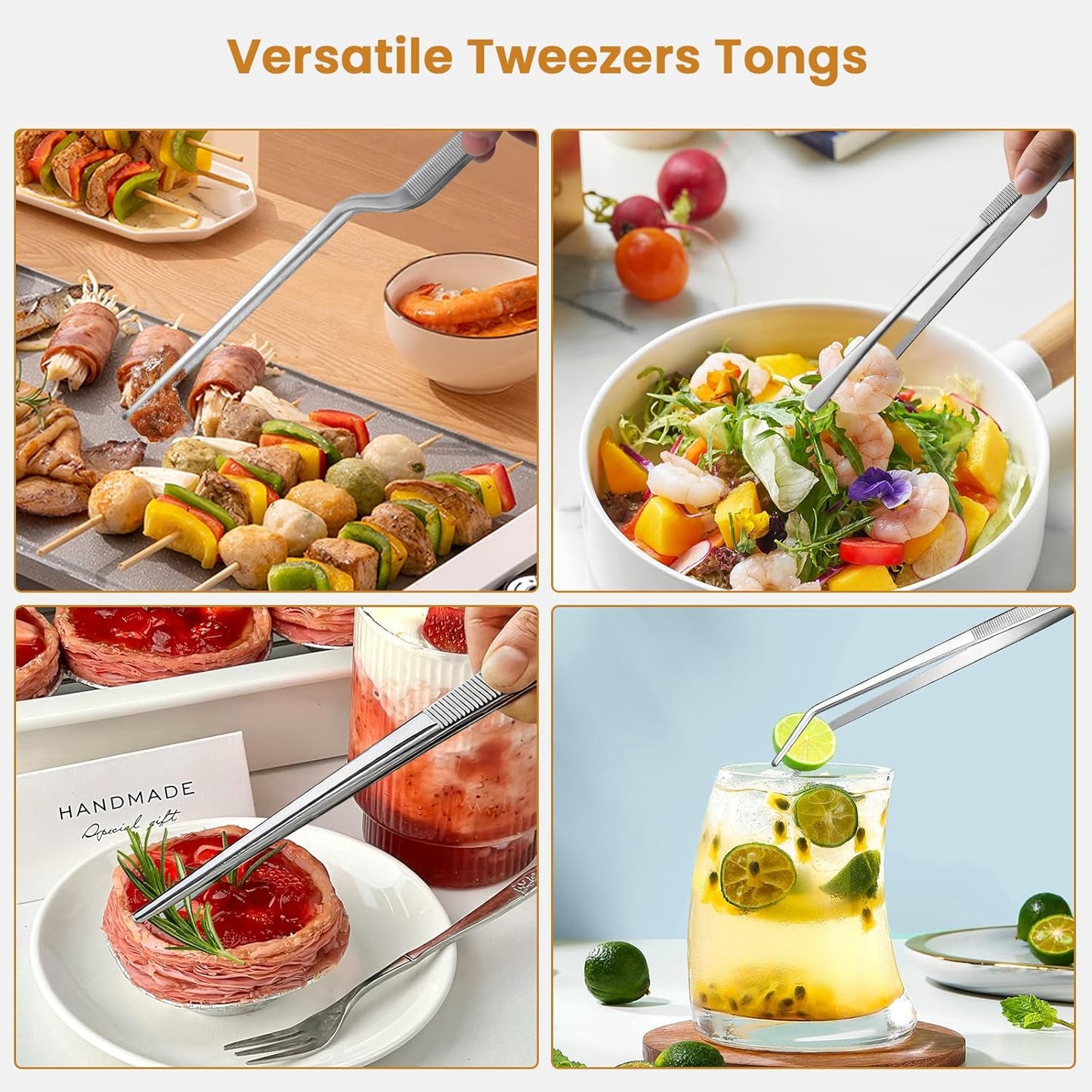 GEEKHOM 4 Pcs 12" Stainless Steel Tweezer Tongs, Silver Multi-Purpose Kitchen Tool Set for Professional Chefs, Home Cooks & Food Enthusiasts