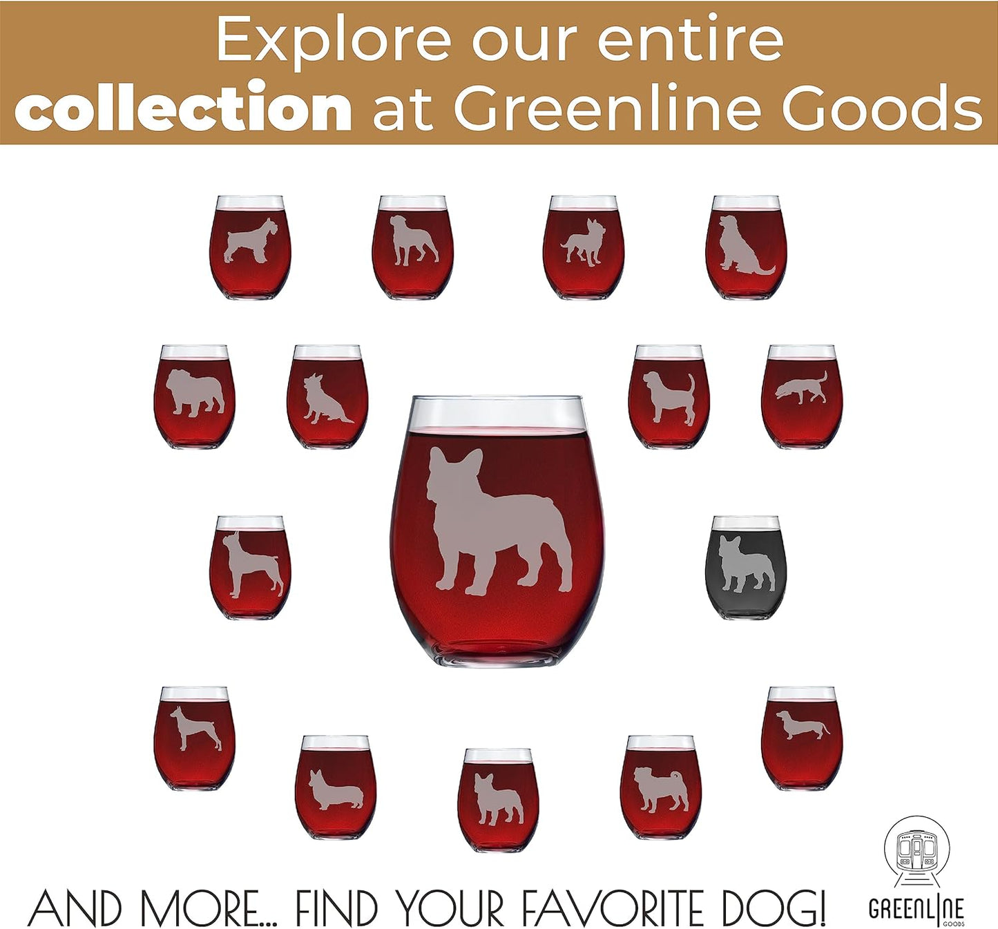 Greenline Goods French Bulldog Stemless Wine Glasses (Set of 2) - Unique for Dog Lovers - Etched 2-Sided Frenchie Silhouette with Breed Name on the Bottom