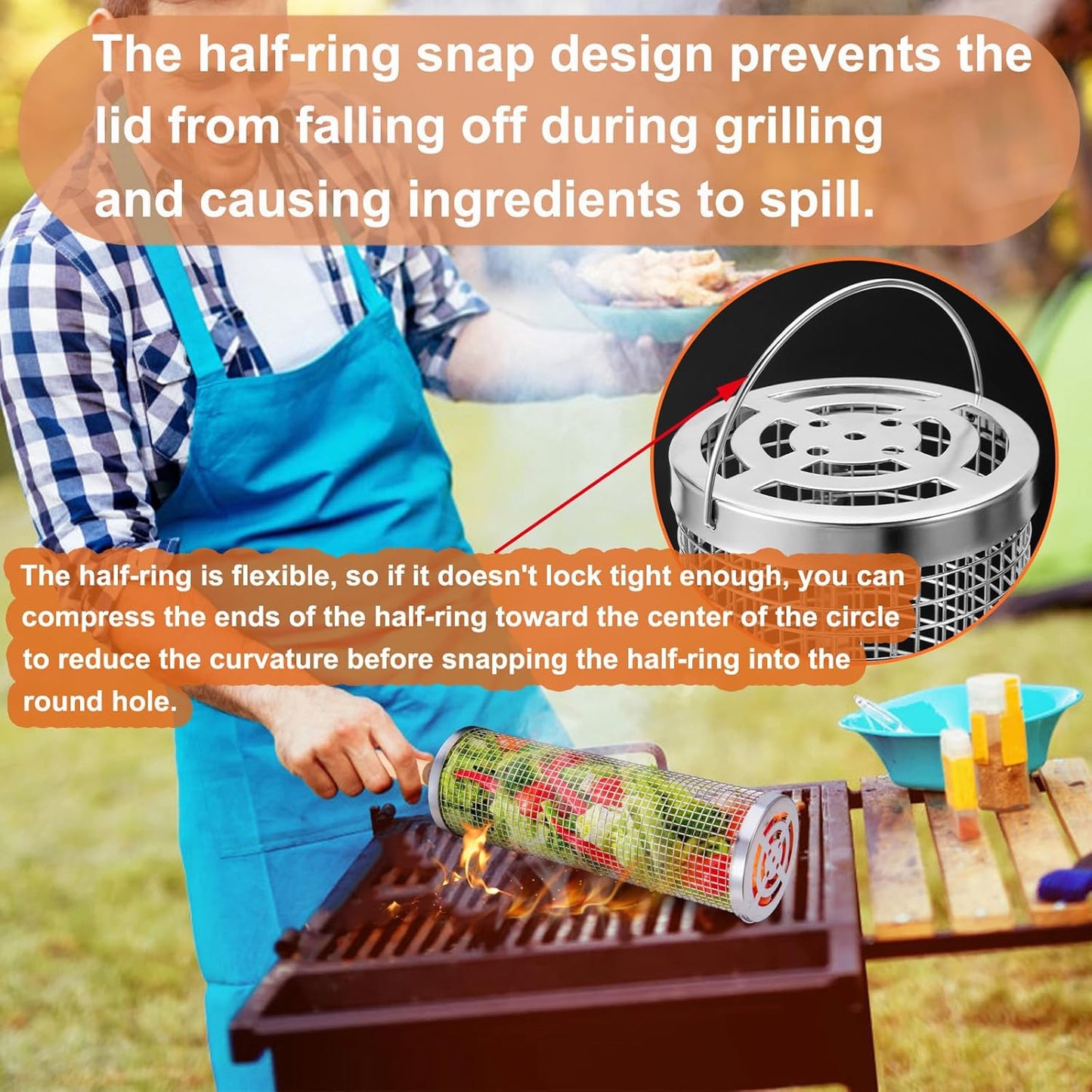 Nesting Grill Baskets (2 PCS), 304 Stainless Steel with Removable Wooden Handle, Rolling Grilling Net, BBQ Accessories Tools for Vegetables Shrimp, Outdoor Camping, Gifts for Men Dad and Husband