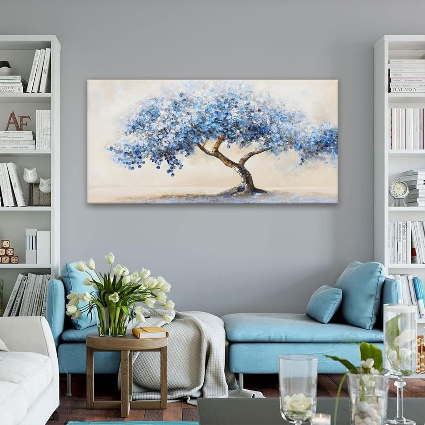 Wall Art For Living Room White Blue Tree Canvas Art Wall Decor For Home Artwork Painting 24" X 48" Canvas Print For Bedroom Decor Modern Salon Kitchen Office Hang A Picture