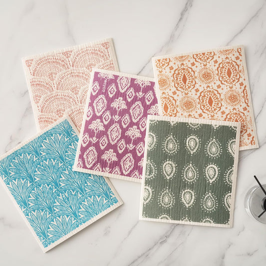 RECYCO Swedish Dishcloths for Kitchen | 5 Pack Gem Washable Dish Rags | Cellulose Reusable Cleaning Paper Towels | Absorbent Counter Dish Cloth Sponge Kitchen Wipes, 8" L x 7" W