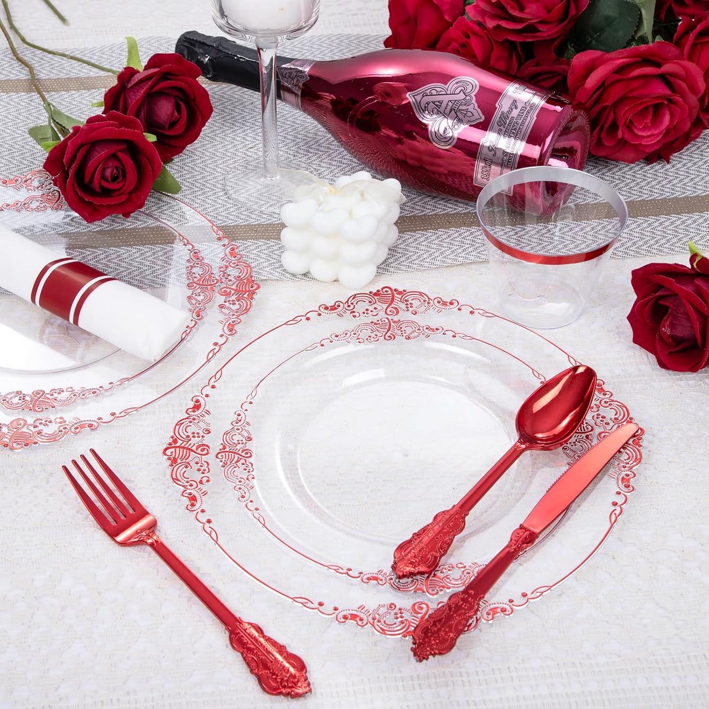 Hioasis 175pcs Clear Red Plastic Plates - Elegant Disposable Dinnerware Set Suitable for 25 Guests Include 10.25" Dinner & 7.5" Dessert Plates, Pre Rolled Silverware Set, Cups for Party & Wedding