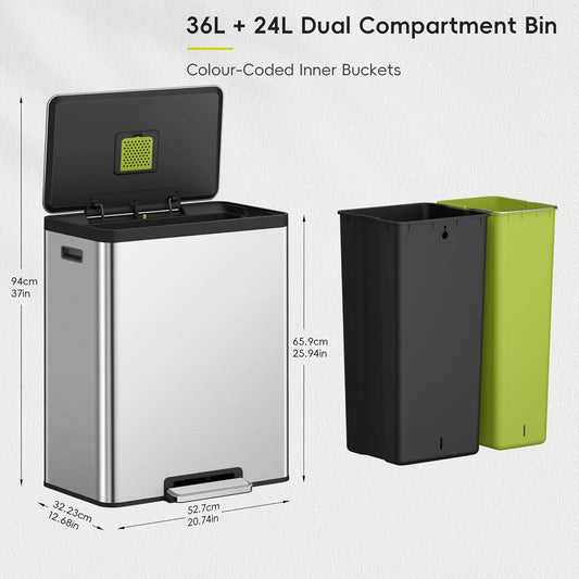 EKO EcoCasa II 36L+24L Dual Trash Can with Recycle Bin, Stainless Steel Garbage Can with Lid, Deodorizer Compartment, Odor-Proof and Fingerprint Resistant