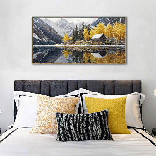 KLAKLA Living Room Wall Art - Tranquil Lake Cabin Orange Tree Forest Snowy Mountain Canvas Wall Decor Oversize Landscape Picture Framed Artwork for Bedroom Office Walls Home Decoration 40x20 Inches