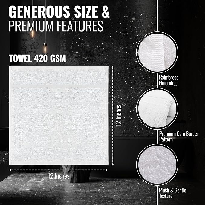 300-Pack Economy Washcloths Bulk (12x12) – White Poly Cotton Face Cloths – Commercial-Grade Cleaning Rags – Soft, Absorbent & Quick-Dry Towels for Hotels, Spas, Gyms & Hospitality Use