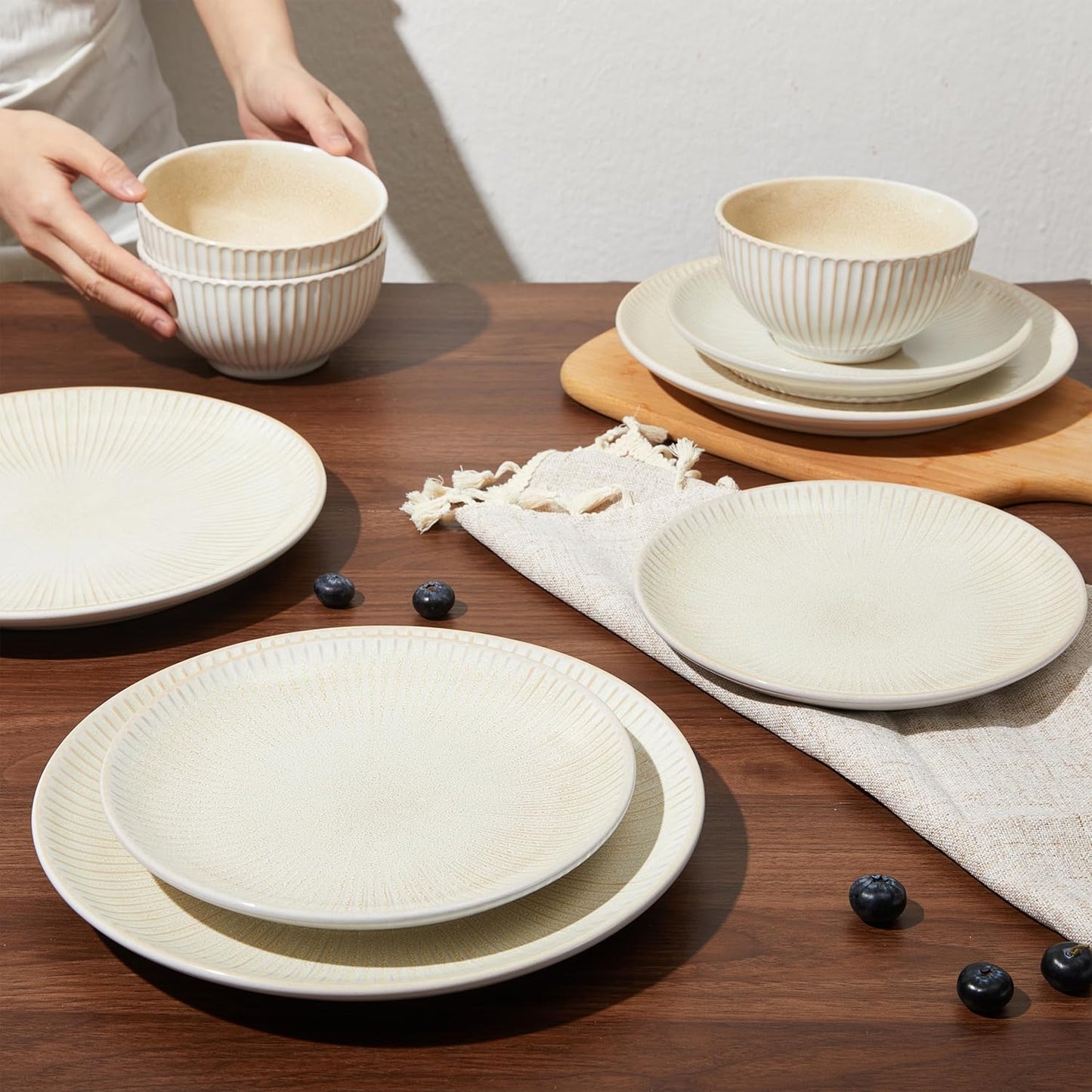 Ceramic Dinnerware Sets for 4, 12 Pieces Embossed Stoneware Plates and Bowls Sets, Scratch Resistant Dish Sets, Distinctive Granulated Surface, Housewarming Wedding Gift, Brown