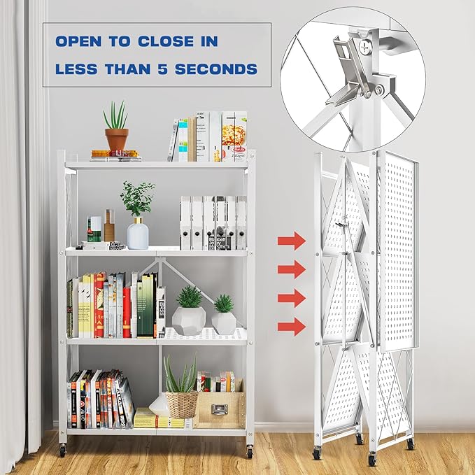 Lifetime Home 4-Tier Foldable Storage Shelf with Wheels - Metal Rack Collapsible Shelving Unit Display, Rolling Cart for Books Kitchen Storage Shelves, Pantry & Closet Organizer, Office Room Decor