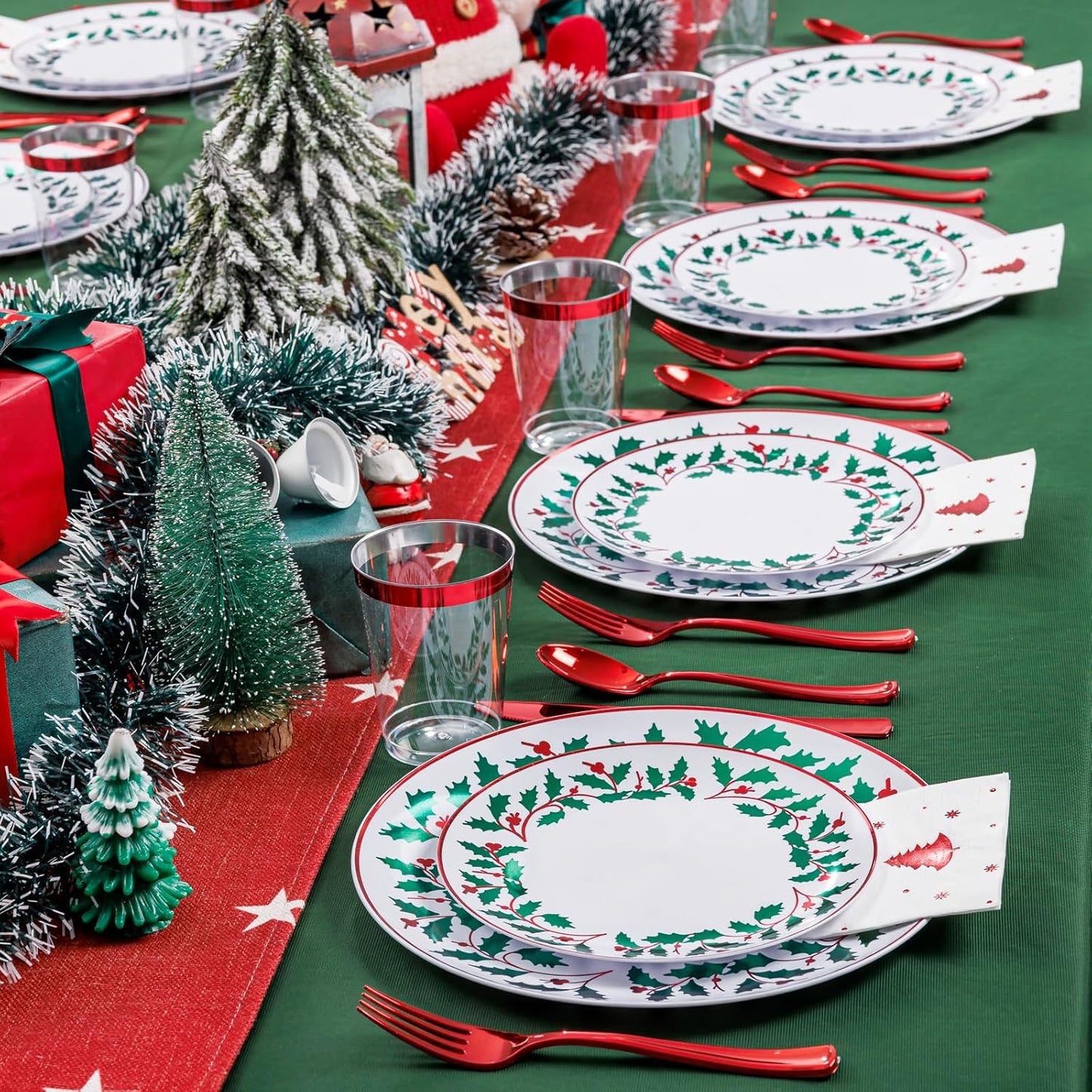 WDF 175Pcs Disposable Christmas Plates & Napkins - 25 Dinner & Dessert Plates, 25 Utensils, 25 Cups, 25 Christmas Napkins