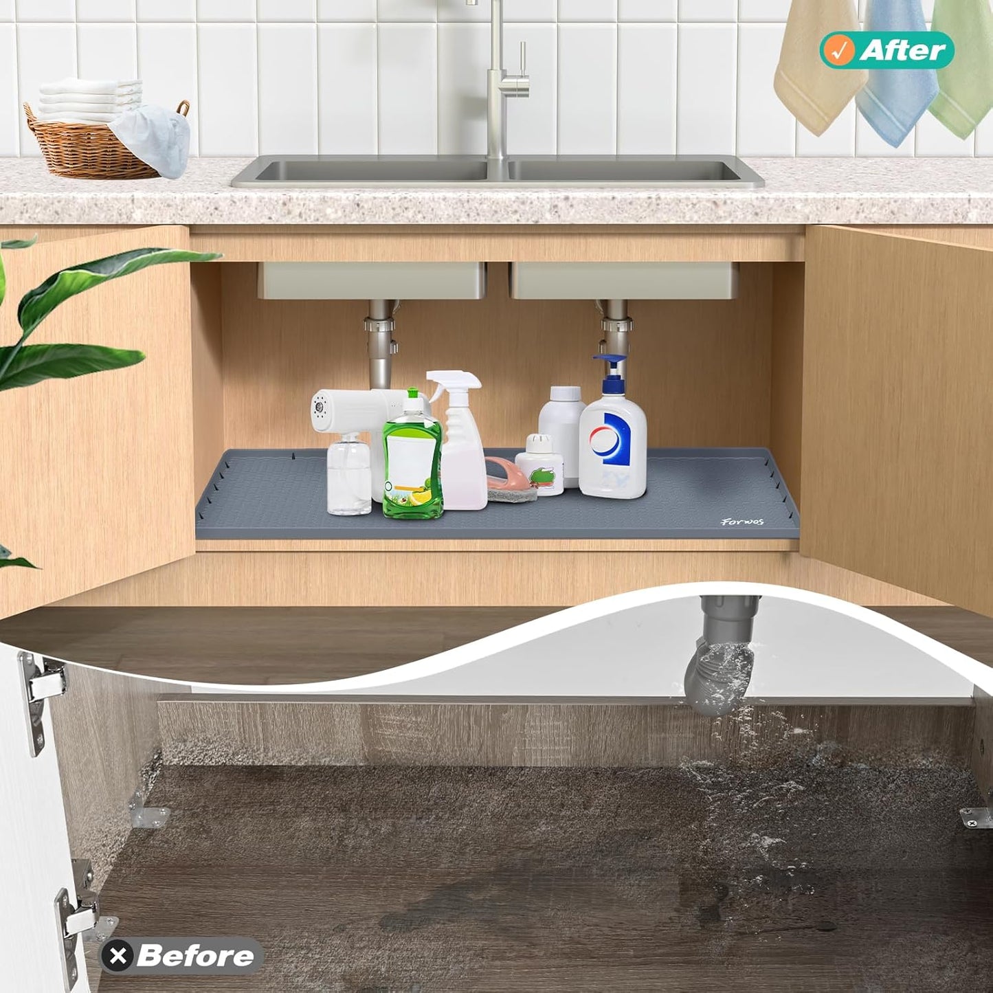 Waterproof Under Sink Mat 34" x 19", Silicone Cabinet Liner, Rubber Protector for Kitchen and Bathroom, Keeps Cabinets Clean, Dry, and Organized (Grey)