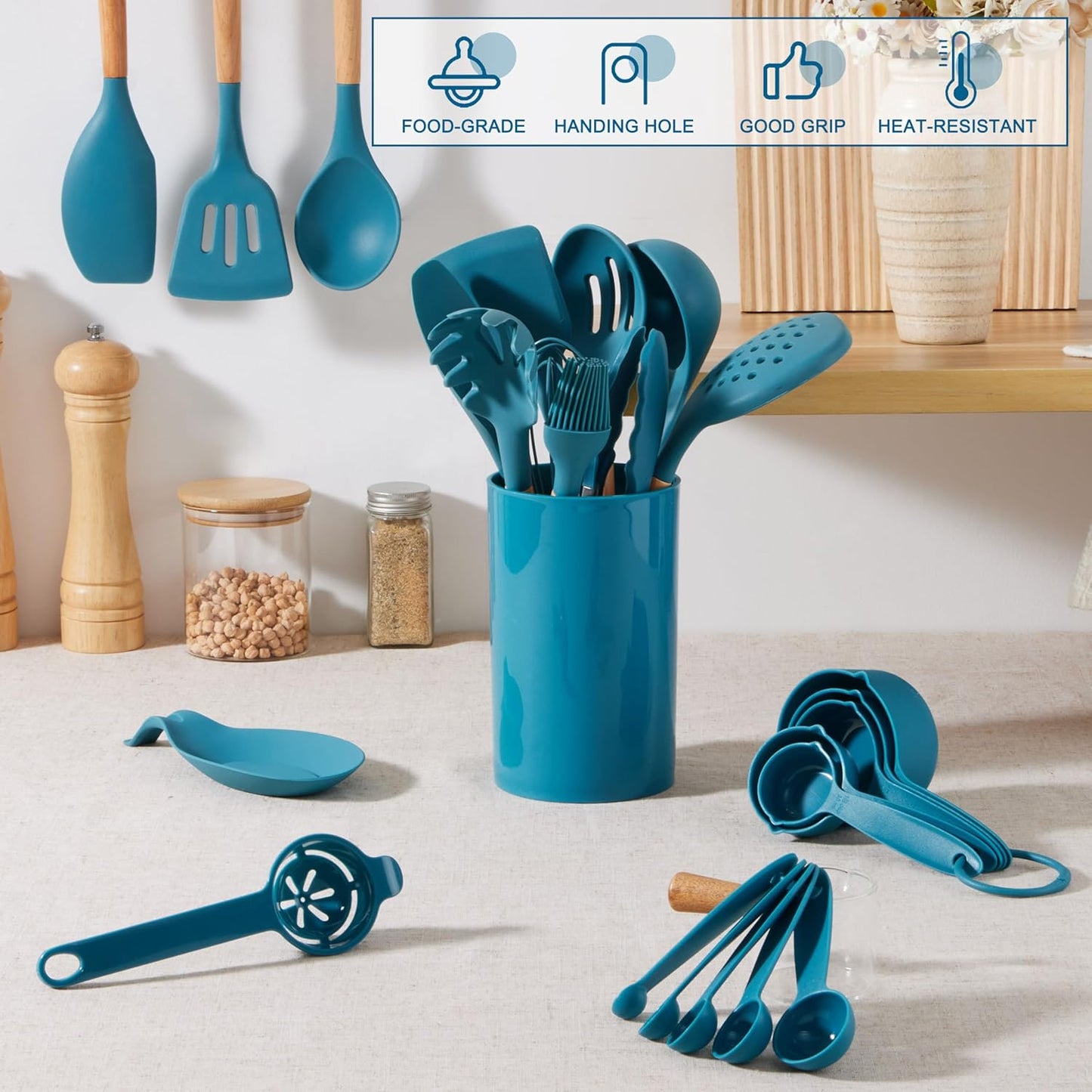 E-far Blue Cooking Utensils Set with Holder, 25-Piece Silicone Kitchen Utensil Set with Wooden Handle for Nonstick Cookware, 446°F Heat Resistant Kitchen Tool Spatula Tongs Whisk, Non-toxic & Healthy