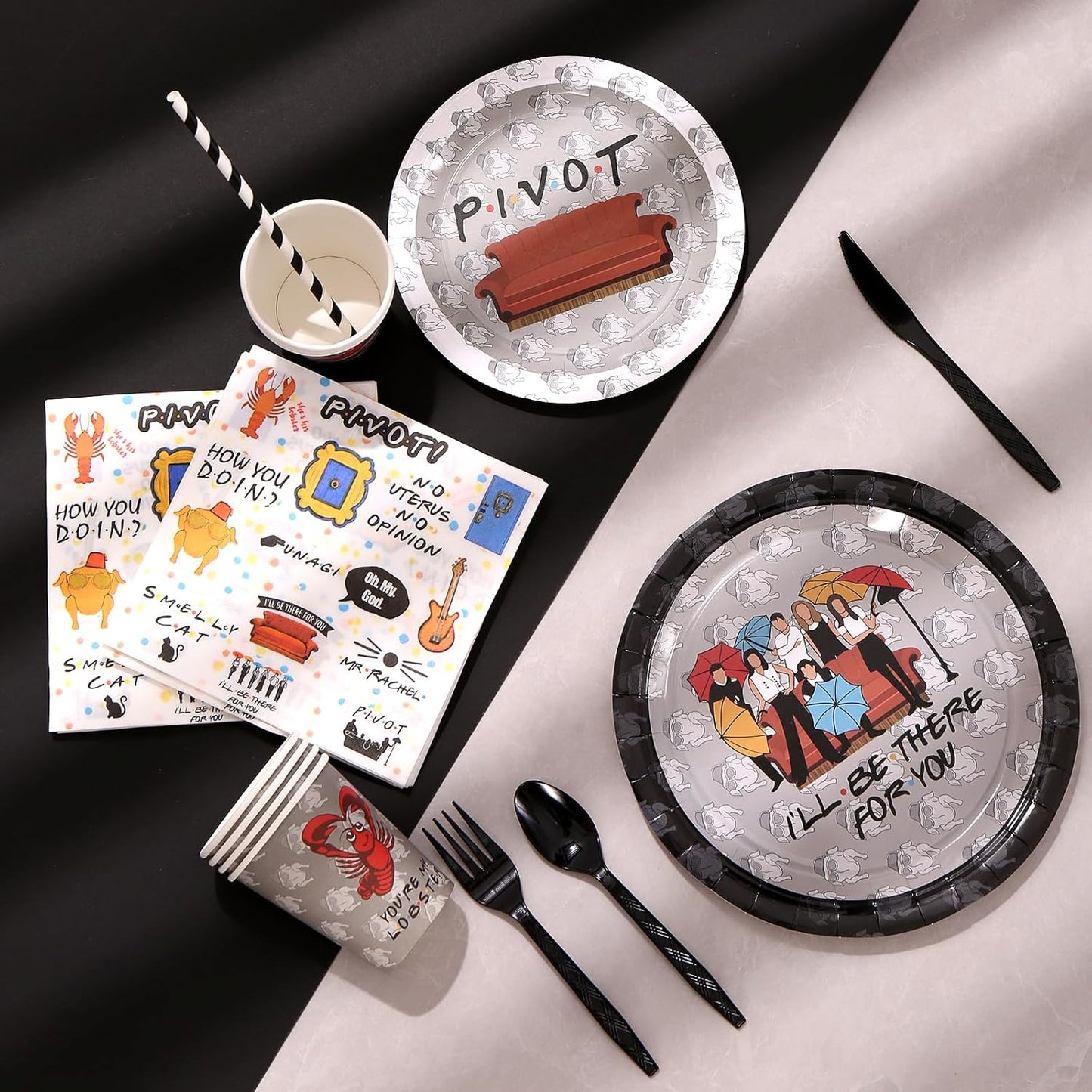 161CT iFriends Party Supplies Disposable iFriends Dinner Plates Cups Straw Napkins Spoon Fork knives Tablecloth, iFriends Birthday Party Decorations and Party Tableware Serves 20 Guests, Black