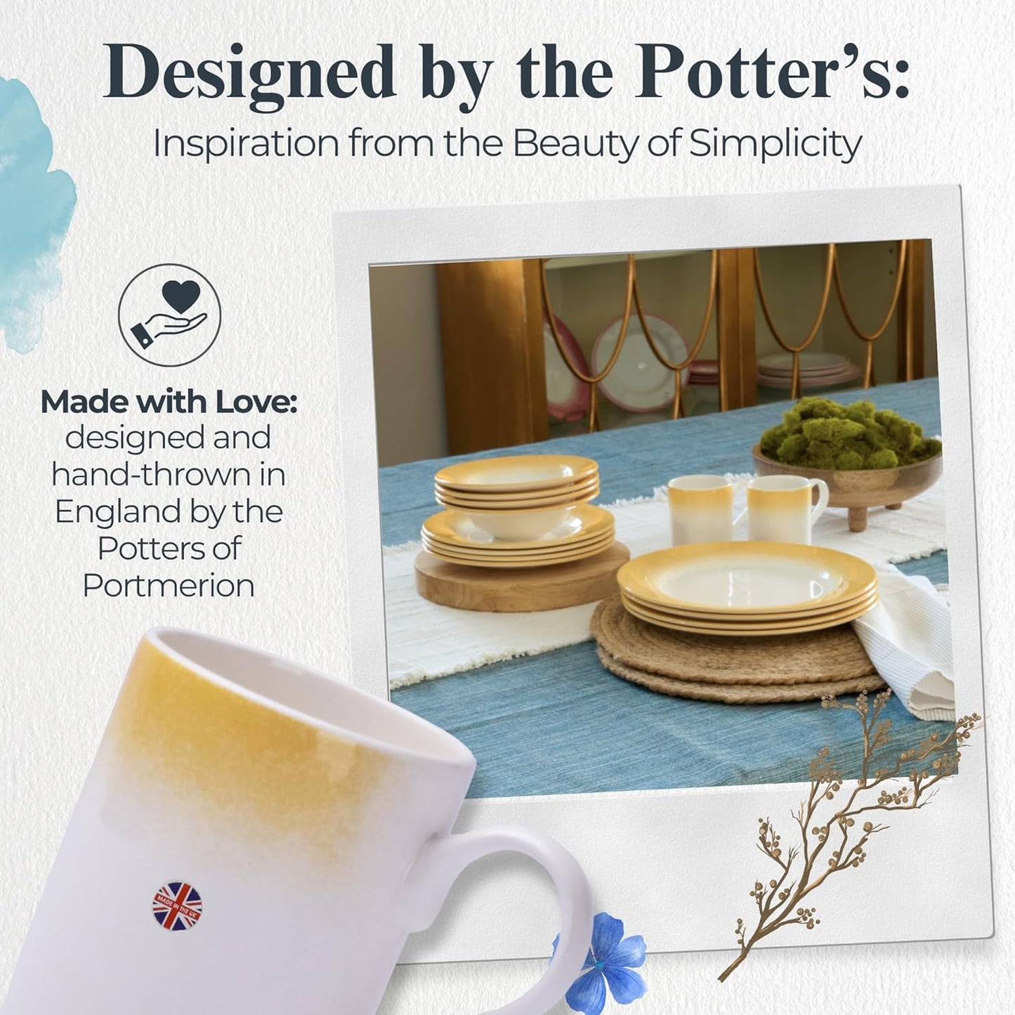 Portmeirion Potters 9oz Ceramic Mug (Set of 4) - Handcrafted Coffee Mugs with Yellow Mists - Dishwasher, Microwave, Freezer Safe - Earthenware Mugs for Tea & Coffee Lovers, Unique Mug Set (Yellow)