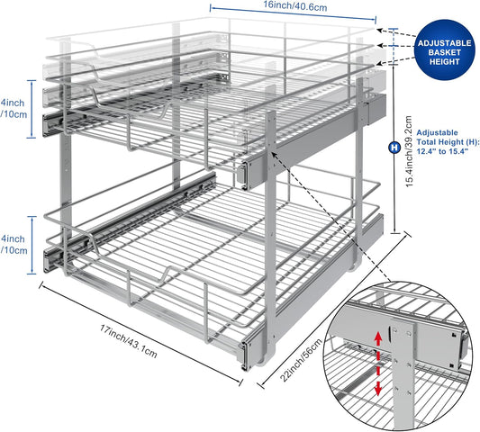 2 Tier Pull Out Cabinet Organizer 18" W X 22" D, Slide Out Drawers For Kitchen Cabinets, Pull Out Drawers For Cabinets Capacity Heavy Duty Caddy, Cabinet Pullout Shelves Chrome-Plated,Bathroom Pantry